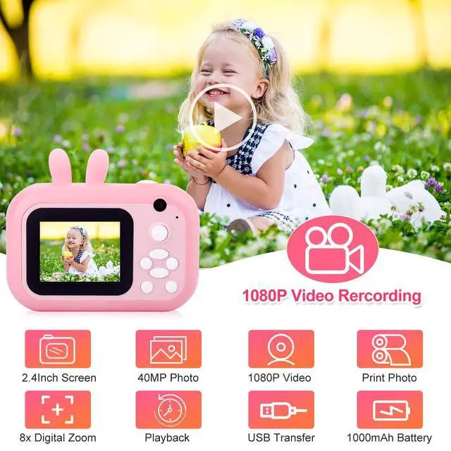 Alt view image 2 of 7 - Instant Print Camera for Kids, Dual-Lens 40MP Kids Digital Video Camera | 1080P Portable Toddler Camera for Girls Boys Age 3-12, 2.4" Selfie Camera Toys with 32GB Card, Christmas Birthday Gifts