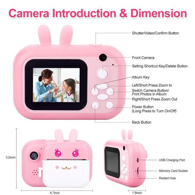 Alt view image 6 of 7 - Instant Print Camera for Kids, Dual-Lens 40MP Kids Digital Video Camera | 1080P Portable Toddler Camera for Girls Boys Age 3-12, 2.4" Selfie Camera Toys with 32GB Card, Christmas Birthday Gifts