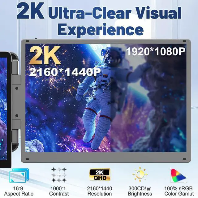 Alt view image 2 of 7 - 14" 2K Ultra-Clear Laptop Screen Extender, Portable Dual Monitor for 13-17 Inch Laptops, USB-C/HDMI Plug & Play IPS Display, Compatible with Mac/Windows/Android/Switch/PS5/Xbox