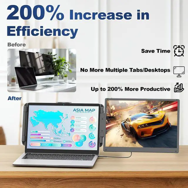 Alt view image 3 of 7 - 14" 2K Ultra-Clear Laptop Screen Extender, Portable Dual Monitor for 13-17 Inch Laptops, USB-C/HDMI Plug & Play IPS Display, Compatible with Mac/Windows/Android/Switch/PS5/Xbox