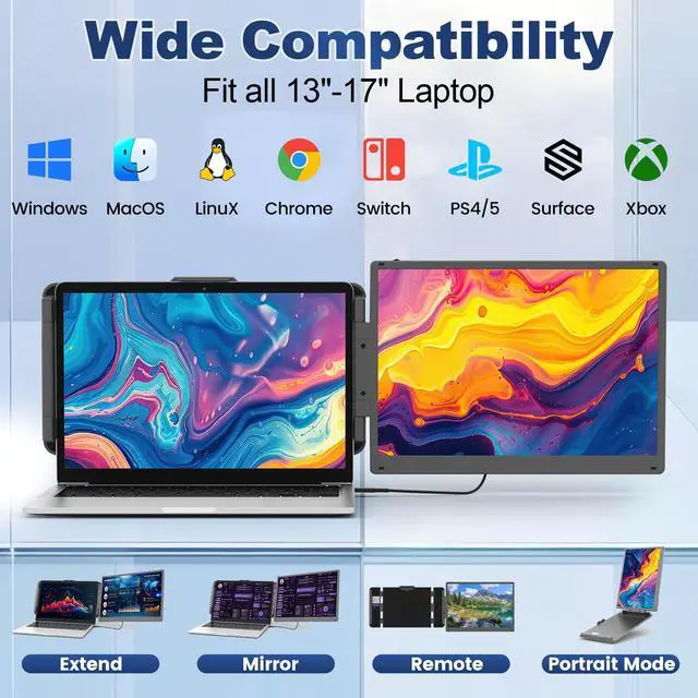 Alt view image 7 of 7 - 14" 2K Ultra-Clear Laptop Screen Extender, Portable Dual Monitor for 13-17 Inch Laptops, USB-C/HDMI Plug & Play IPS Display, Compatible with Mac/Windows/Android/Switch/PS5/Xbox