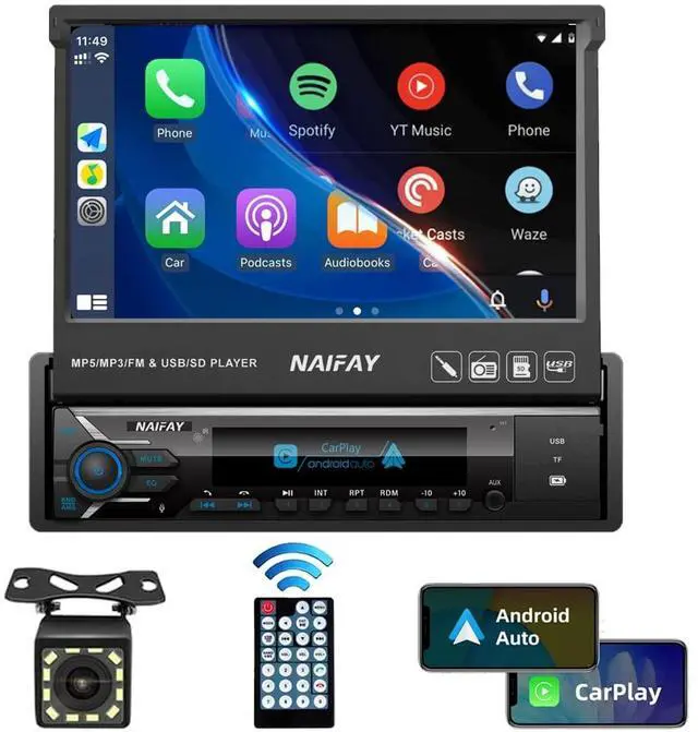 Main image of Single Din Flip Out Screen Car Stereo with Carplay & Android Auto | 7inch Single Din Touchscreen Car Stereo with Backup Camera, Bluetooth, FM Radio/Mirror Link/USB/AUX/TF/Subwoofer