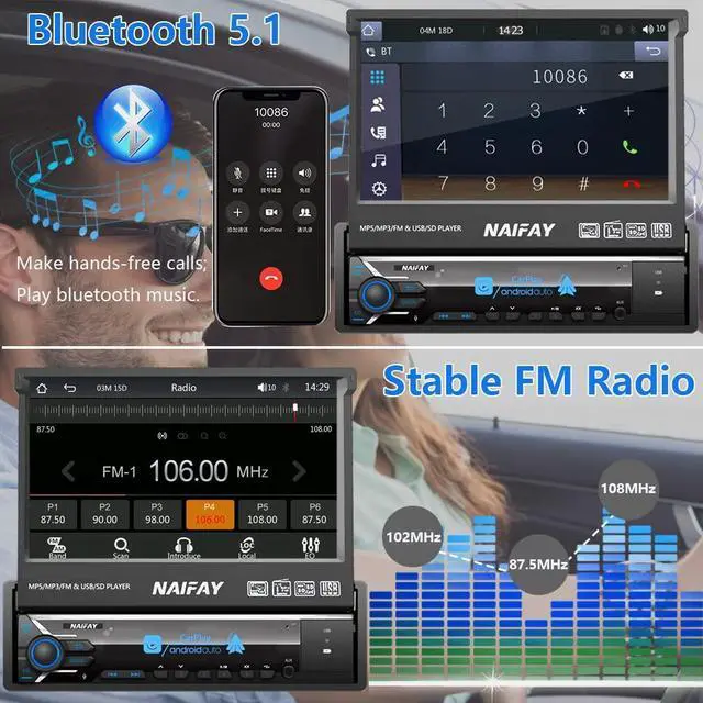 Alt view image 3 of 6 - Single Din Flip Out Screen Car Stereo with Carplay & Android Auto | 7inch Single Din Touchscreen Car Stereo with Backup Camera, Bluetooth, FM Radio/Mirror Link/USB/AUX/TF/Subwoofer