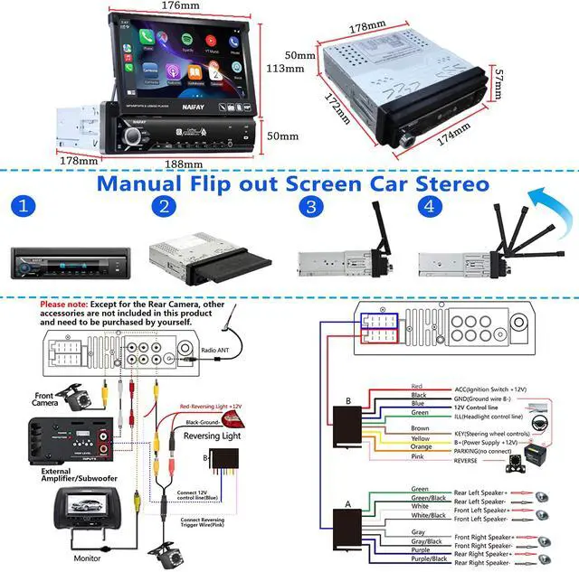 Alt view image 6 of 6 - Single Din Flip Out Screen Car Stereo with Carplay & Android Auto | 7inch Single Din Touchscreen Car Stereo with Backup Camera, Bluetooth, FM Radio/Mirror Link/USB/AUX/TF/Subwoofer