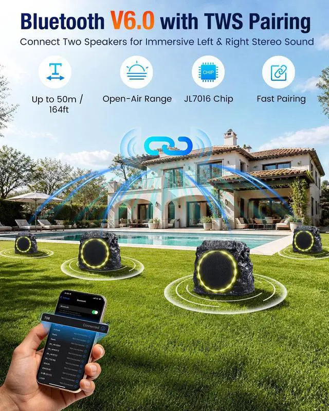 Alt view image 3 of 7 - Upgraded Outdoor Rock Bluetooth 6.0 Speaker 60W Deep Bass Wireless Outdoor with Solar Charging, Remote Control,IPX7 Waterproof Speaker with Perfect for Pool,Garden,Patio - 2 Packs