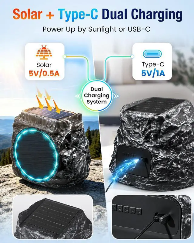 Alt view image 2 of 7 - Upgraded Outdoor Rock Bluetooth 6.0 Speaker 60W Deep Bass Wireless Outdoor with Solar Charging, Remote Control,IPX7 Waterproof Speaker with Perfect for Pool,Garden,Patio - 2 Packs