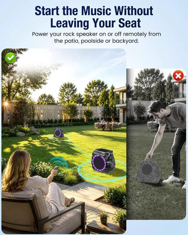 Alt view image 6 of 7 - Upgraded Outdoor Rock Bluetooth 6.0 Speaker 60W Deep Bass Wireless Outdoor with Solar Charging, Remote Control,IPX7 Waterproof Speaker with Perfect for Pool,Garden,Patio - 2 Packs