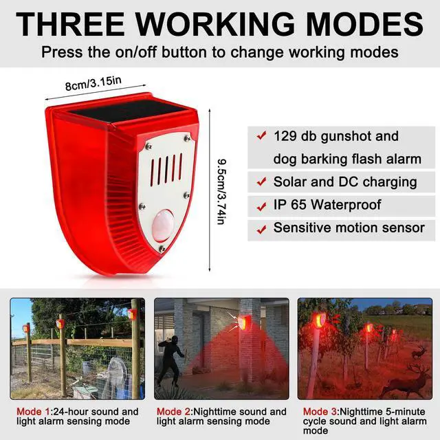 Alt view image 2 of 7 - 4 Pcs Solar Alarm Motion Detector with Sound Outdoor Motion Sensor 129db Barking Dog Strobe Light Gunshot Sound Alarm Detector Noise Maker Warning Lamp for Home Villa Yard Farm