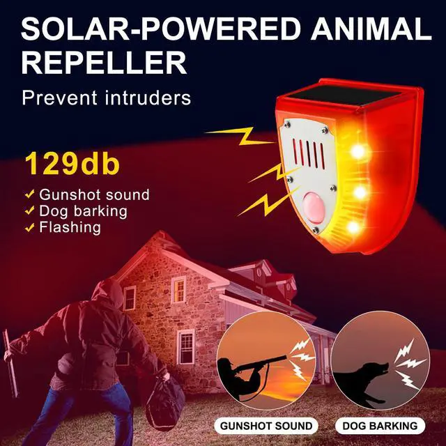 Alt view image 3 of 7 - 4 Pcs Solar Alarm Motion Detector with Sound Outdoor Motion Sensor 129db Barking Dog Strobe Light Gunshot Sound Alarm Detector Noise Maker Warning Lamp for Home Villa Yard Farm