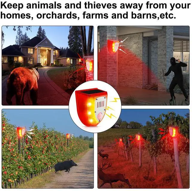 Alt view image 7 of 7 - 4 Pcs Solar Alarm Motion Detector with Sound Outdoor Motion Sensor 129db Barking Dog Strobe Light Gunshot Sound Alarm Detector Noise Maker Warning Lamp for Home Villa Yard Farm