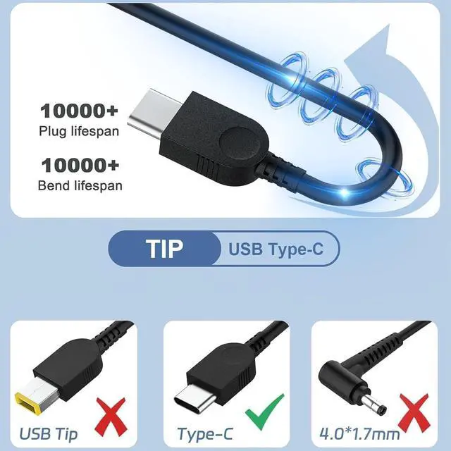 Alt view image 2 of 7 - 45W USB Type C AC Adapter Compatible wiht Lenovo Chromebook C330 300e 100e 500e N23 Yoga, Lenovo ThinkPad T480 T480s T580 2nd Gen MTK AST Type-C 20V 2.25A 45Watt Laptop Power Charger