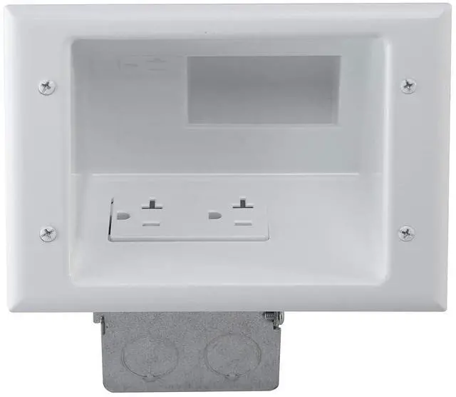Main image of Electronics 45-0072-WH Commercial Grade Recessed Wall Plate Cable Pass Through, Mid-Size Low Voltage AV/HDMI Cord Hider with 20A Duplex Power Receptacle, TV & Home Theater, White