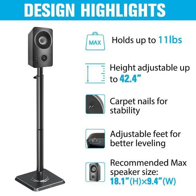 Alt view image 5 of 7 - Speaker Stands - Height Adjustable Speaker Stand for Vizio, Polk, JBL, Sony, Speaker Stands Pair with Wire Management (Holds up to11LBS Per Stand)