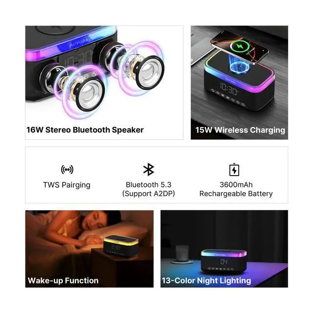 Alt view image 2 of 7 - S300 Bluetooth Speaker with Wireless Charging & LED Lights | 16 W Stereo, TWS Pairing, BT 5.3, Wake-Up Function, TF & AUX Inputs, 3600 mAh Battery, for Home, Office & Bedroom