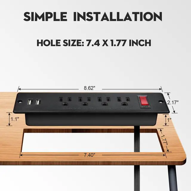 Alt view image 2 of 4 - Mountable Power Strip Recessed Power Strip with USB 4 Outlet 2 USB Multiple Protection Built in Conference Desk Counter Workbench for PC Home Electric Appliance ETL Listed(Black)