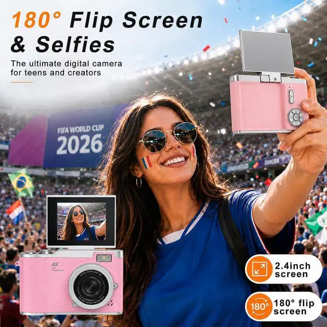 Alt view image 2 of 7 - 4K Digital Camera with Flip Screen, 4800W Point and Shoot Digital Cameras for Photography, 180° Rotating Selfie Camera with 32GB SD Card,Neck Lanyard,Fill Light for Teens Kids Travel(Pink)