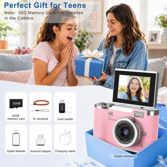 Alt view image 7 of 7 - 4K Digital Camera with Flip Screen, 4800W Point and Shoot Digital Cameras for Photography, 180° Rotating Selfie Camera with 32GB SD Card,Neck Lanyard,Fill Light for Teens Kids Travel(Pink)