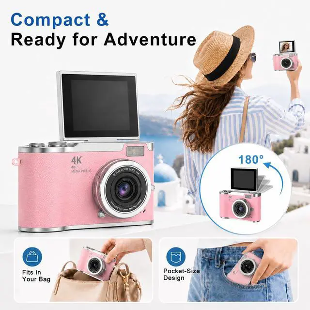 Alt view image 6 of 7 - 4K Digital Camera with Flip Screen, 4800W Point and Shoot Digital Cameras for Photography, 180° Rotating Selfie Camera with 32GB SD Card,Neck Lanyard,Fill Light for Teens Kids Travel(Pink)
