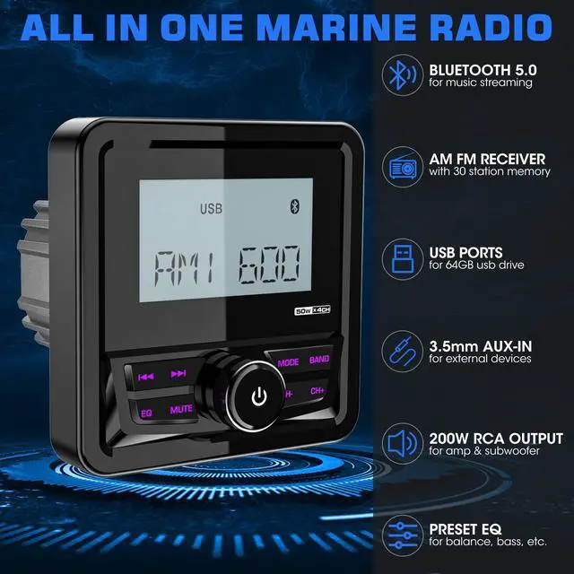 Alt view image 3 of 6 - Waterproof Marine Digital Media Receiver: Bluetooth Boat Stereo for UTV ATV | 2.8 Inch LCD Display AUX USB Input AM FM Subwoofer Pre-Amp Boat Radio for RZR Golf Cart Spa Hot