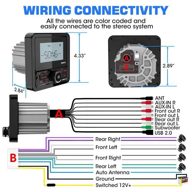 Alt view image 5 of 6 - Waterproof Marine Digital Media Receiver: Bluetooth Boat Stereo for UTV ATV | 2.8 Inch LCD Display AUX USB Input AM FM Subwoofer Pre-Amp Boat Radio for RZR Golf Cart Spa Hot