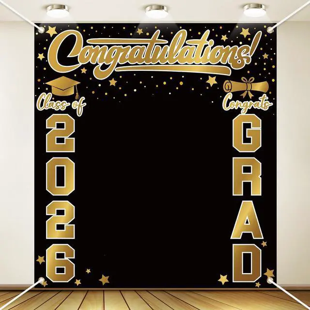 Main image of Large Class of 2026 Graduation Backdrop 6.6 x 7.2 ft Congrats Grad Graduation Party Decoration Photography Background for High School College Party Decor Supplies(Black Gold)