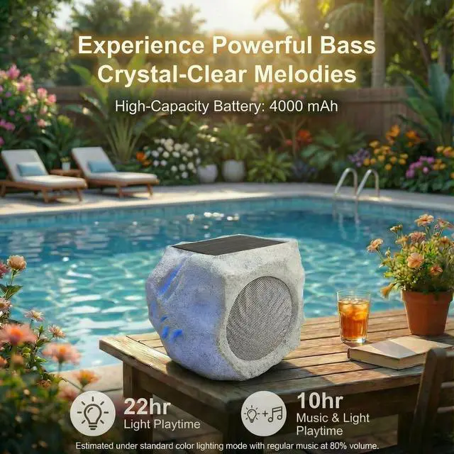 Alt view image 2 of 7 - Solar Powered Outdoor Rock Speaker 4.5 Inch Speakers Peak 80W Deep Bass 22 Hr Playtime, Bluetooth 5.4 Stereo 120 Feet Rang IPX65 for Garden Patio Pool (Colorful 2PCS)