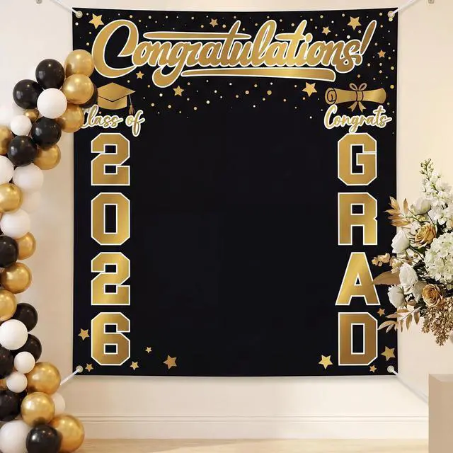 Alt view image 3 of 6 - Large Class of 2026 Graduation Backdrop 6.6 x 7.2 ft Congrats Grad Graduation Party Decoration Photography Background for High School College Party Decor Supplies(Black Gold)
