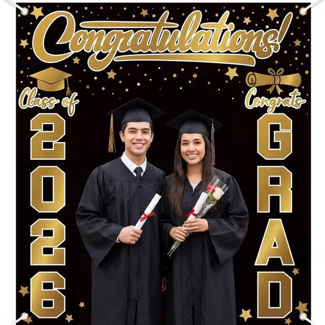 Alt view image 4 of 6 - Large Class of 2026 Graduation Backdrop 6.6 x 7.2 ft Congrats Grad Graduation Party Decoration Photography Background for High School College Party Decor Supplies(Black Gold)