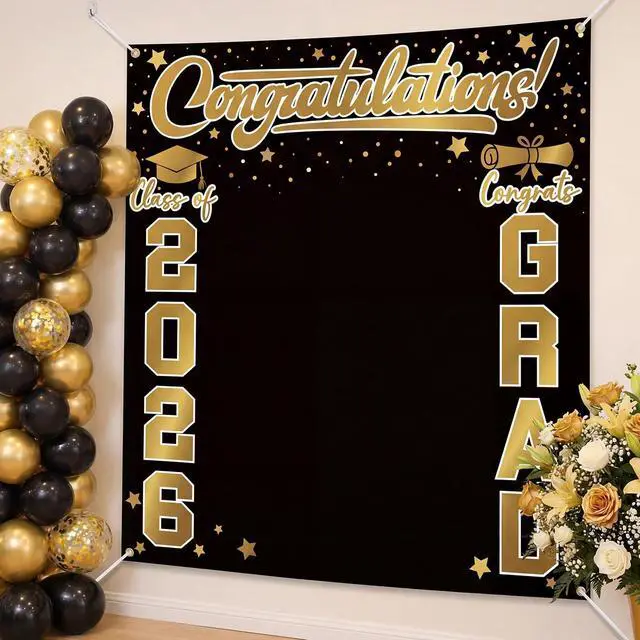 Alt view image 5 of 6 - Large Class of 2026 Graduation Backdrop 6.6 x 7.2 ft Congrats Grad Graduation Party Decoration Photography Background for High School College Party Decor Supplies(Black Gold)