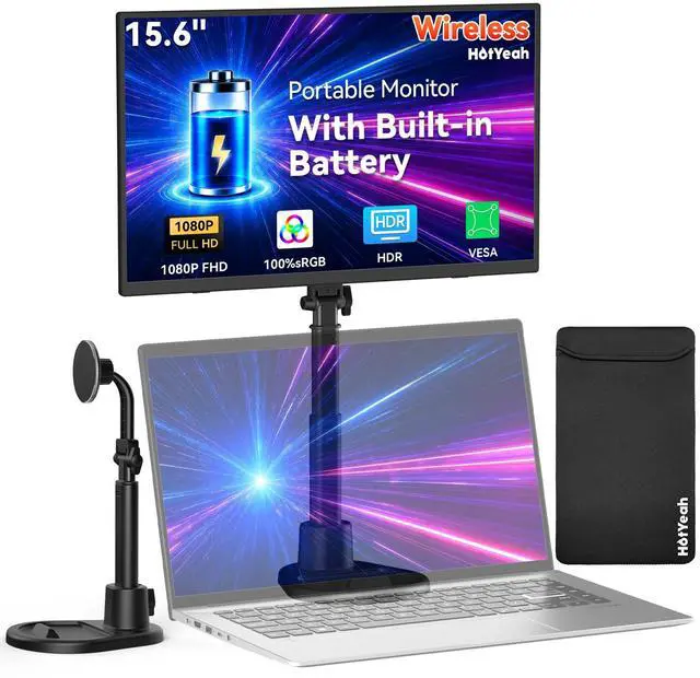 Main image of 15.6" 1080P Wireless Portable Monitor Battery-Powered with Magnetic Stand | Support AirPlay Miracast, USB-C HDMI Travel Display, 2nd Screen for Laptop MacBook PC Phone Tablet, Built-in Battery(4-5H)