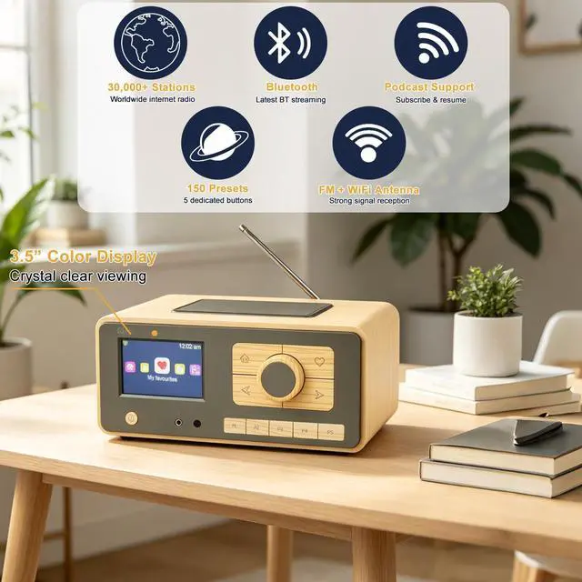 Alt view image 3 of 7 - Ocean Digital WR-393 WiFi Internet Radio with FM, Podcast, Bluetooth Speaker, 3.5" Color Display, 30,000+ Stations, UPnP/DLNA Streaming, Dual Alarm Clock, Sleep Timer, Remote Control, Mains Powered