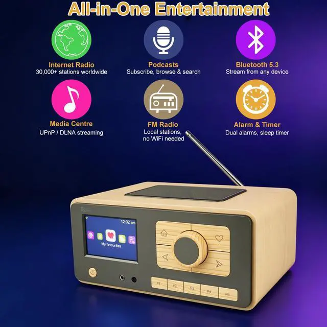 Alt view image 5 of 7 - Ocean Digital WR-393 WiFi Internet Radio with FM, Podcast, Bluetooth Speaker, 3.5" Color Display, 30,000+ Stations, UPnP/DLNA Streaming, Dual Alarm Clock, Sleep Timer, Remote Control, Mains Powered