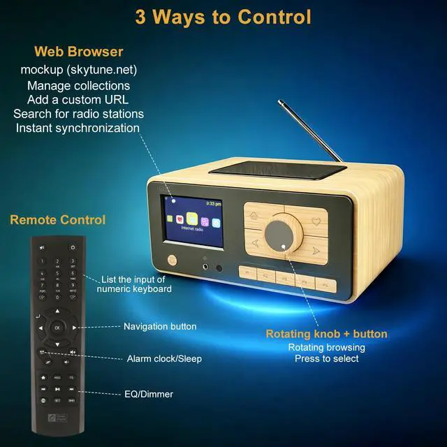 Alt view image 6 of 7 - Ocean Digital WR-393 WiFi Internet Radio with FM, Podcast, Bluetooth Speaker, 3.5" Color Display, 30,000+ Stations, UPnP/DLNA Streaming, Dual Alarm Clock, Sleep Timer, Remote Control, Mains Powered