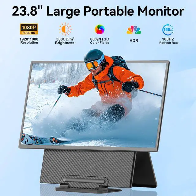 Alt view image 2 of 7 - Portable Monitor 24" 100Hz for Work Home Office Game, 1080P FHD IPS Laptop Screen Extender with Rotating Stand & VESA, Laptop Monitor Extender USB-C HDMI Plug-Play for Mac Windows PS Switch Xbox Phone