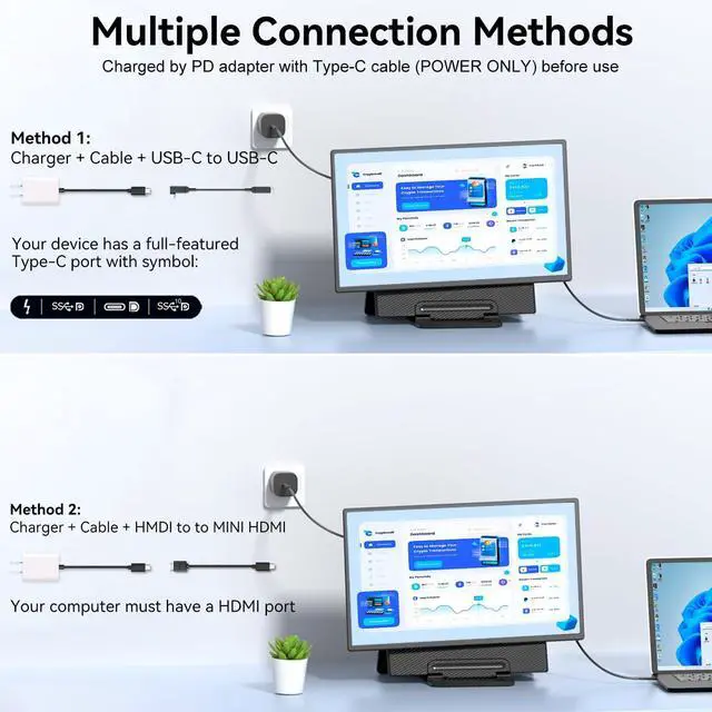 Alt view image 6 of 7 - Portable Monitor 24" 100Hz for Work Home Office Game, 1080P FHD IPS Laptop Screen Extender with Rotating Stand & VESA, Laptop Monitor Extender USB-C HDMI Plug-Play for Mac Windows PS Switch Xbox Phone