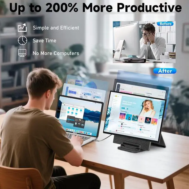 Alt view image 3 of 7 - Portable Monitor 24" 100Hz for Work Home Office Game, 1080P FHD IPS Laptop Screen Extender with Rotating Stand & VESA, Laptop Monitor Extender USB-C HDMI Plug-Play for Mac Windows PS Switch Xbox Phone