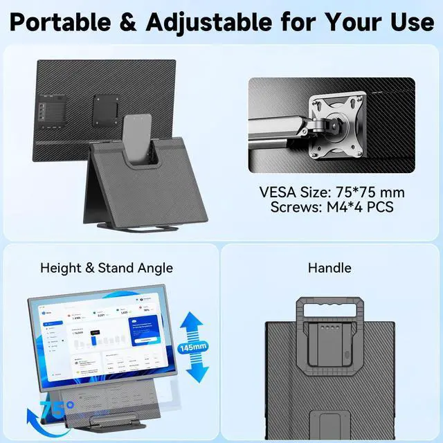 Alt view image 7 of 7 - Portable Monitor 24" 100Hz for Work Home Office Game, 1080P FHD IPS Laptop Screen Extender with Rotating Stand & VESA, Laptop Monitor Extender USB-C HDMI Plug-Play for Mac Windows PS Switch Xbox Phone