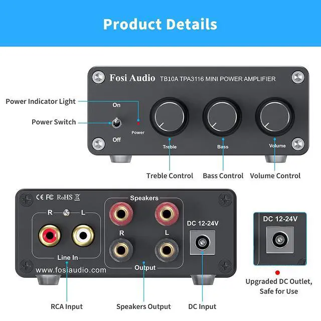 Alt view image 2 of 6 - TB10A 2 Channel Stereo Audio Amplifier Receiver Mini Hi-Fi Class D Integrated Amp 2.0CH for Home Speakers 100W x 2 with Bass and Treble Control TPA3116(with Power Supply)