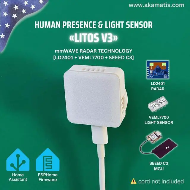 Alt view image 2 of 7 - Akamatis Human Presence & Light Sensor Litos v3, mmWave Smart Motion Sensor, 2.4 GHz Wi-Fi, Adjustable Sensitivity, Requires Home Assistant (White, 1 Pack)