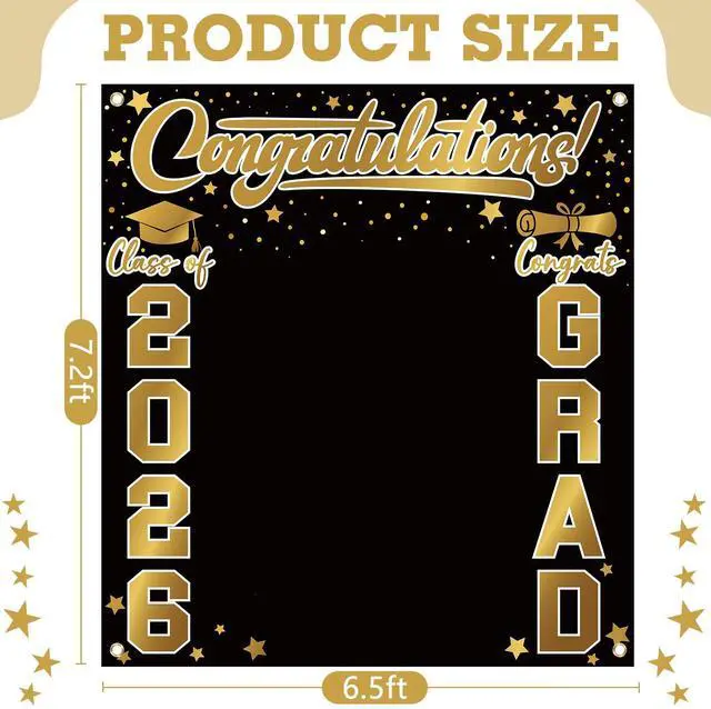 Alt view image 6 of 6 - Large Class of 2026 Graduation Backdrop 6.6 x 7.2 ft Congrats Grad Graduation Party Decoration Photography Background for High School College Party Decor Supplies(Black Gold)