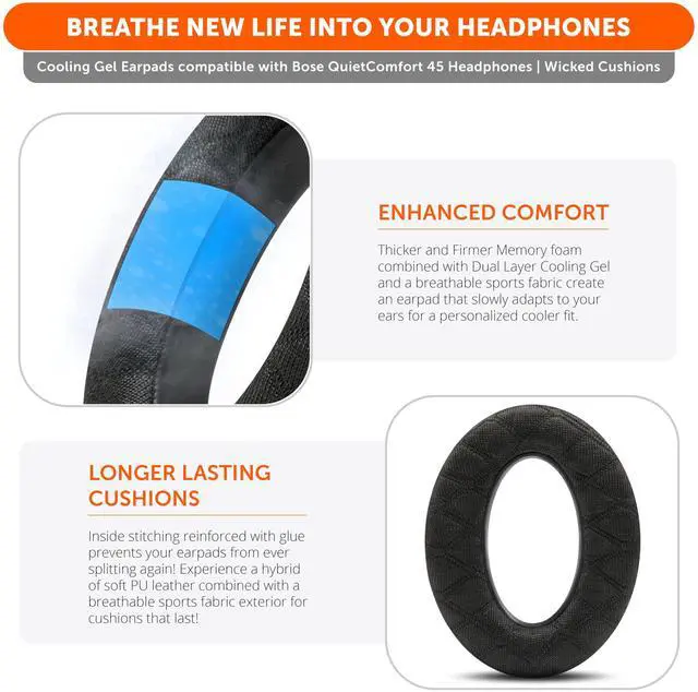 Alt view image 4 of 7 - Freeze V2 QC45 Cooling Gel Earpads Compatible with Bose QuietComfort 45, QuietComfort SE & QC Wireless (2023) by Wicked Cushions | Freeze V2 Cooling Fabric, Extreme Comfort | Black
