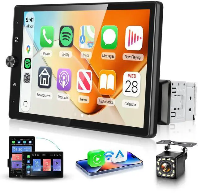 Main image of 10.4'' Single Din Car Stereo with Wireless CarPlay Android Auto, HD Rotation Touchscreen Radio with Bluetooth, USB, Mirror Link, SWC, Car Play, FM/RDS Radio, Backup Camera