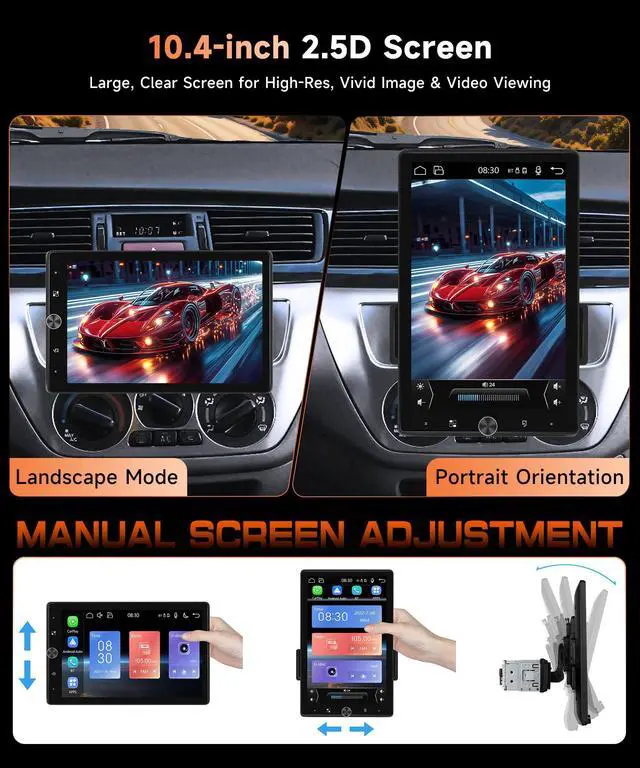 Alt view image 3 of 7 - 10.4'' Single Din Car Stereo with Wireless CarPlay Android Auto, HD Rotation Touchscreen Radio with Bluetooth, USB, Mirror Link, SWC, Car Play, FM/RDS Radio, Backup Camera