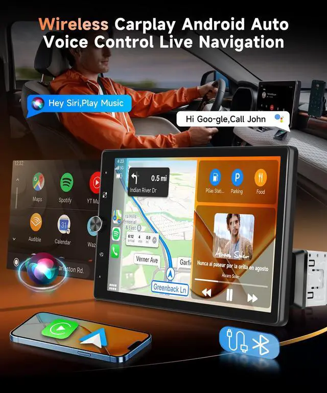 Alt view image 2 of 7 - 10.4'' Single Din Car Stereo with Wireless CarPlay Android Auto, HD Rotation Touchscreen Radio with Bluetooth, USB, Mirror Link, SWC, Car Play, FM/RDS Radio, Backup Camera