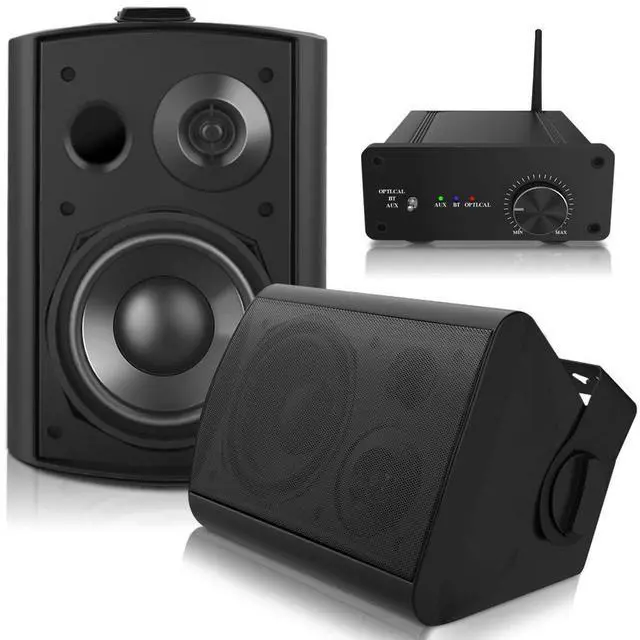 Main image of 5.25 Inch Outdoor Speakers with Bluetooth Amplifier, Black | All-Weather Durability, Stereo Receiver, Broad Sound Coverage, Speed-Lock Mounting System