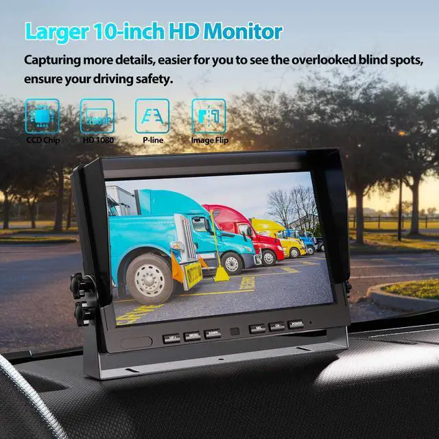 Alt view image 2 of 7 - HD Wired Backup Camera System Kit,10 inch Dual Split Screen Monitor with Recording IP69 Waterproof Front View Rear View Cameras Parking Lines for Truck/Semi-Trailer/Box Truck/RV(DY102)