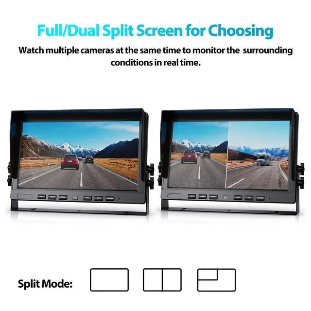 Alt view image 3 of 7 - HD Wired Backup Camera System Kit,10 inch Dual Split Screen Monitor with Recording IP69 Waterproof Front View Rear View Cameras Parking Lines for Truck/Semi-Trailer/Box Truck/RV(DY102)