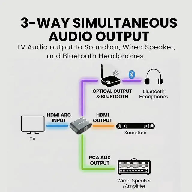 Alt view image 3 of 6 - HAX06 HDMI ARC Audio Extractor for TV with Passthrough, Play Soundbar & Headphones Simultaneously, Optical & RCA Outputs