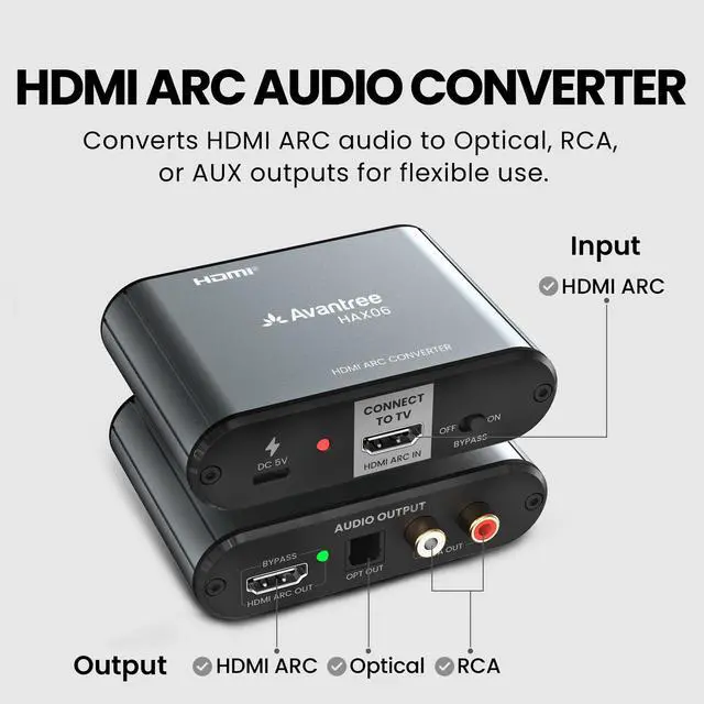 Alt view image 6 of 6 - HAX06 HDMI ARC Audio Extractor for TV with Passthrough, Play Soundbar & Headphones Simultaneously, Optical & RCA Outputs
