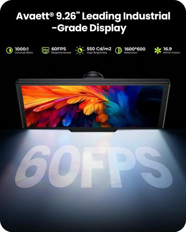 Alt view image 3 of 7 - 9.26" Portable CarPlay Screen for Apple Carplay & Android Auto with 4K Dash Cam & HD Backup Camera, Wireless Car Play with Strongest Bluetooth 5.2, OTA Updates, Voice Control, GPS Navigation